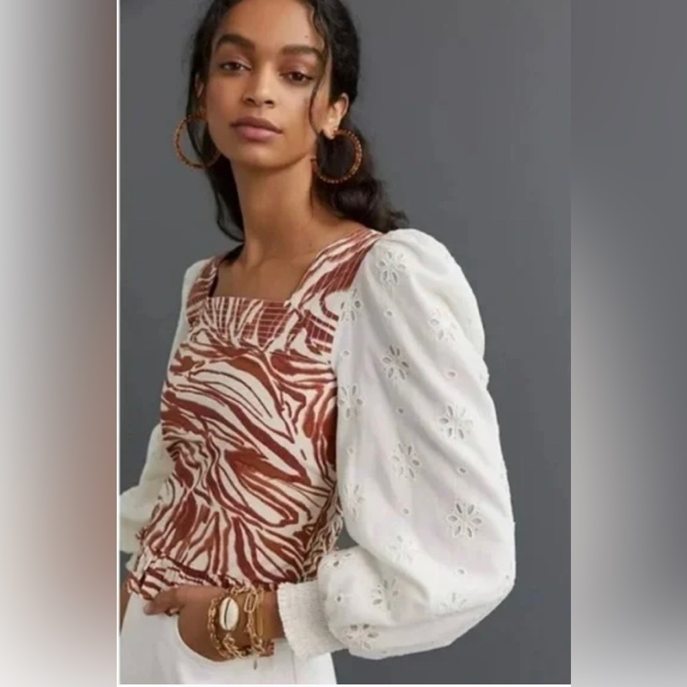 Love The Label Anthropologie Eyelet Boho Smocked Puff Sleeve Blouse Medium NWT